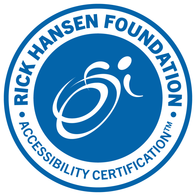 Blue circle with a white graphic of a someone using a wheelchair. The words Rick Hansen Foundation Accessibility Certification are around the circle.